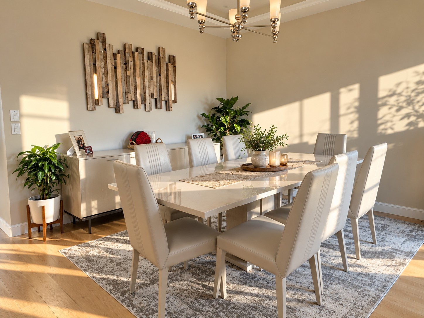 Dining room with a glossy white table, cream chairs, silver chandelier and rustic wood wall sculpture