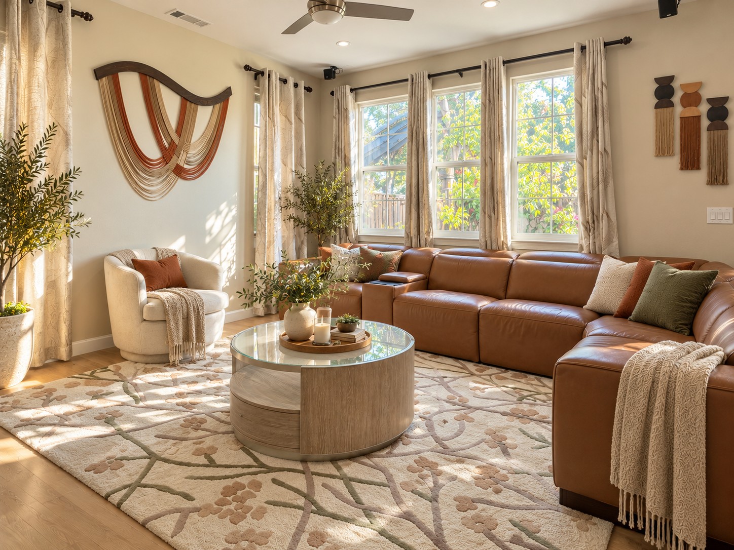 Family room with a cognac leather sectional, round glass coffee table and floral rug